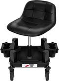 Rolling Stool with Wheels, Adjustable Shop Stool Mechanic Seat, Garage Shop Roller Work Chair, Mobile Rolling Seat with Tool Tray, 2 Cup Holders, 4" Casters, 350 LBS, Heavy-Duty, Black