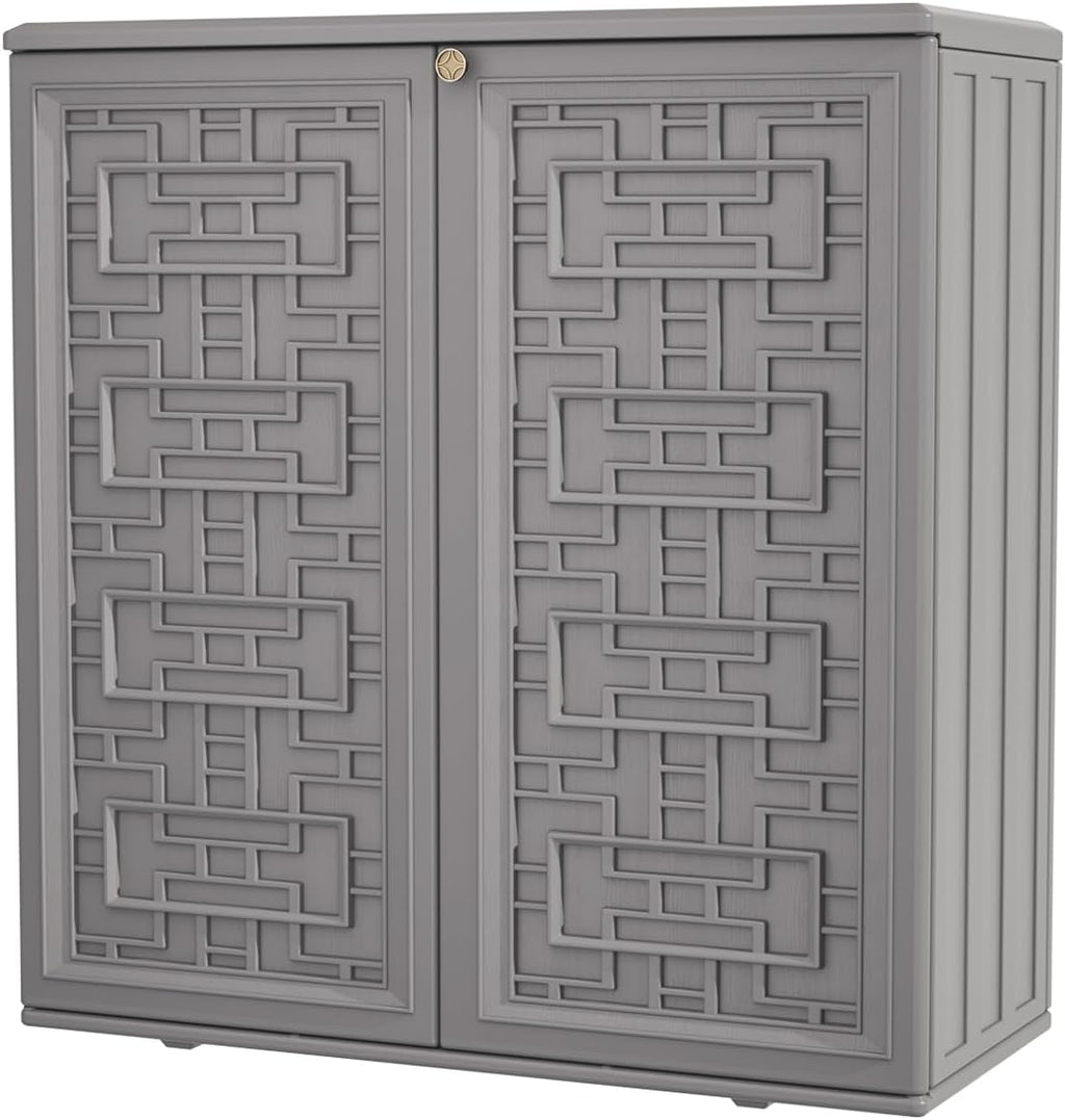 KINYING Outdoor Storage Cabinet Waterproof, Resin 60 Gallon Deck Box for Patio Furniture Cushions, Garden Tools, Pool Tools and Kids’ Toys (Grey with 1 Shelving)