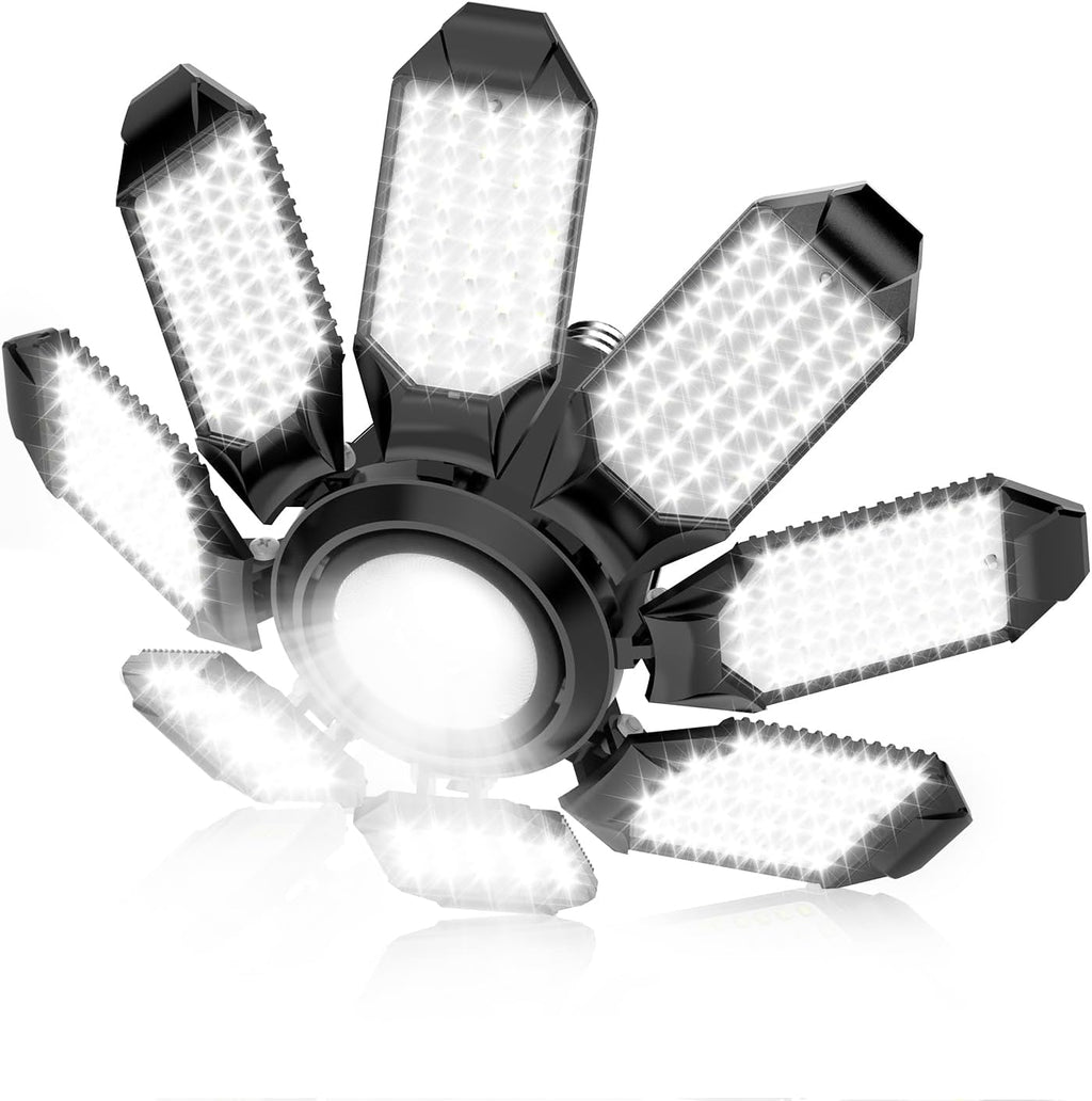 Garage Lights - Super Bright 25000LM Garage Lights Ceiling Led w/ 8 Deformable Panels 6500K Led Light Bulb Srew in E26/E27 Socket with Adjustable Center Spotlight for Barn Workshop Attic