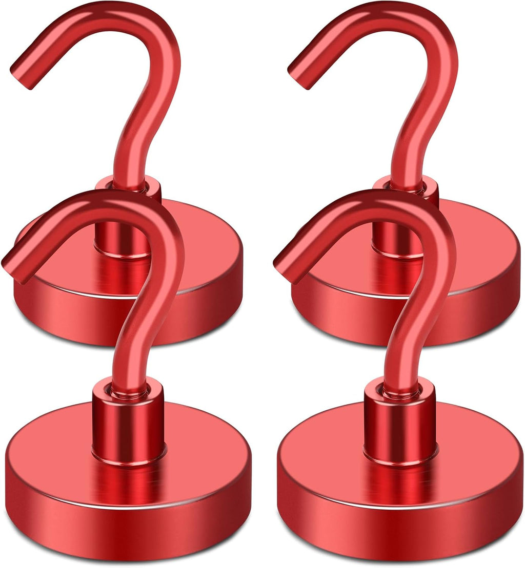 MIKEDE Magnetic Hooks Heavy Duty, 80LB Strong Magnet with Hook for Fridge, Super Neodymium Extra Strength Industrial Hooks for Hanging, Magnetic Hanger for Toolbox, Cruise, Grill(Red,4 Pack)