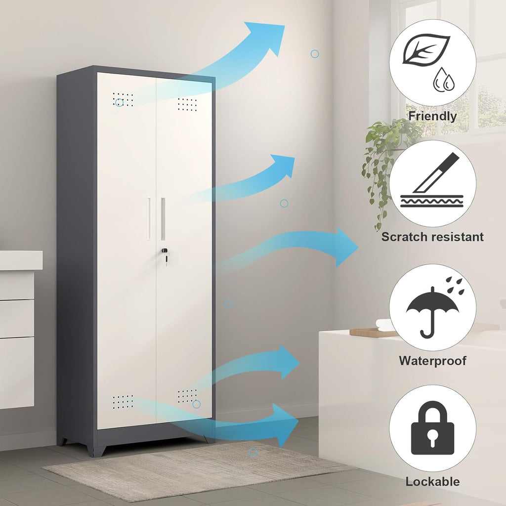 Metal Cabinets with Doors and Adjustable Shelves, 65" H Lockable Storage Cabinet, Grey-White Utility Cabinet for Brooms and Mops for Home,Kitchen,Garage