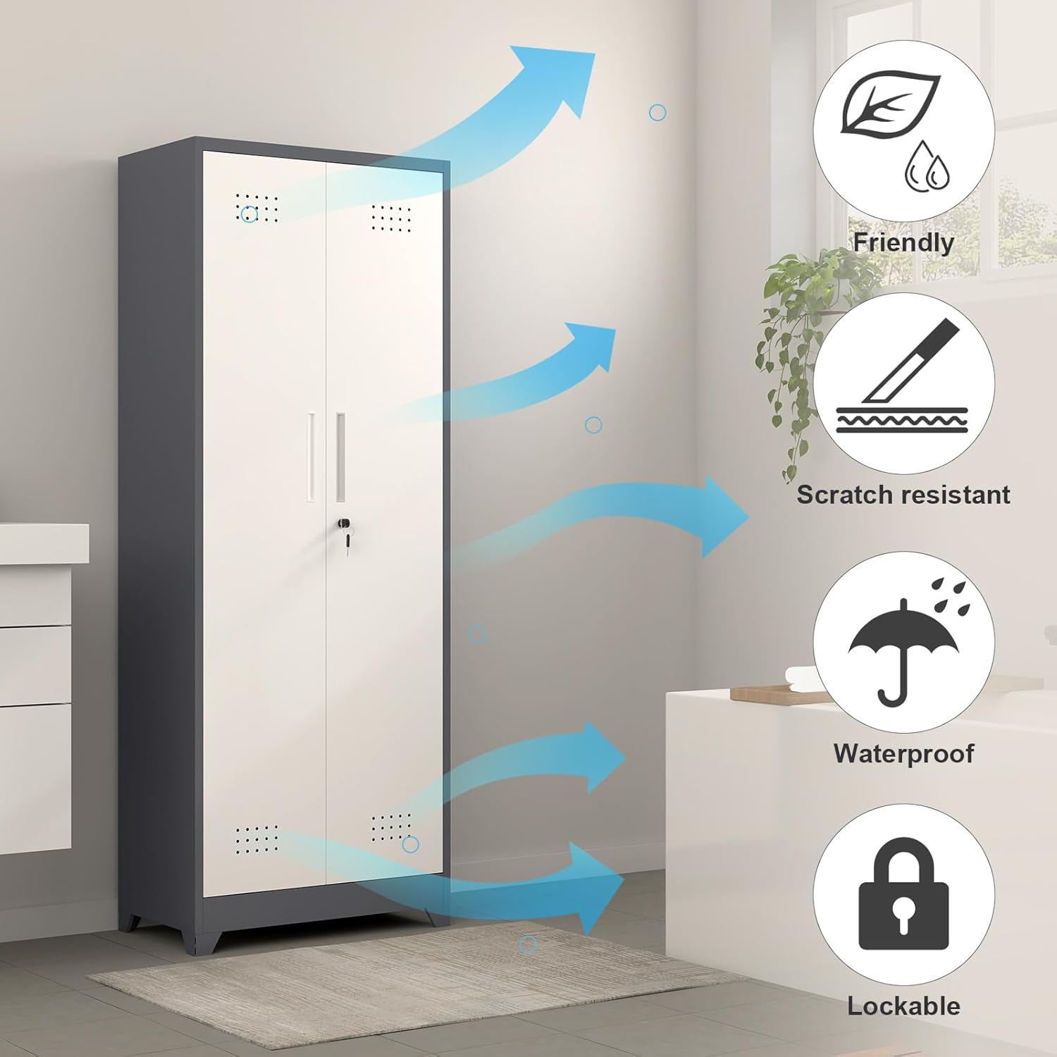 Metal Cabinets with Doors and Adjustable Shelves, 65" H Lockable Storage Cabinet, Grey-White Utility Cabinet for Brooms and Mops for Home,Kitchen,Garage