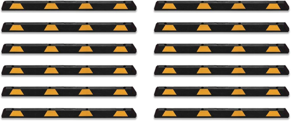 Zento Deals Rubber Parking Curb Garage Car Stopper - Parking Wheel Stopper Block 72” Wide Easy to Install, Black/Yellow Reflective Parking Block; for Car, Truck, Trailer and RV (Black/Yellow 12pack)