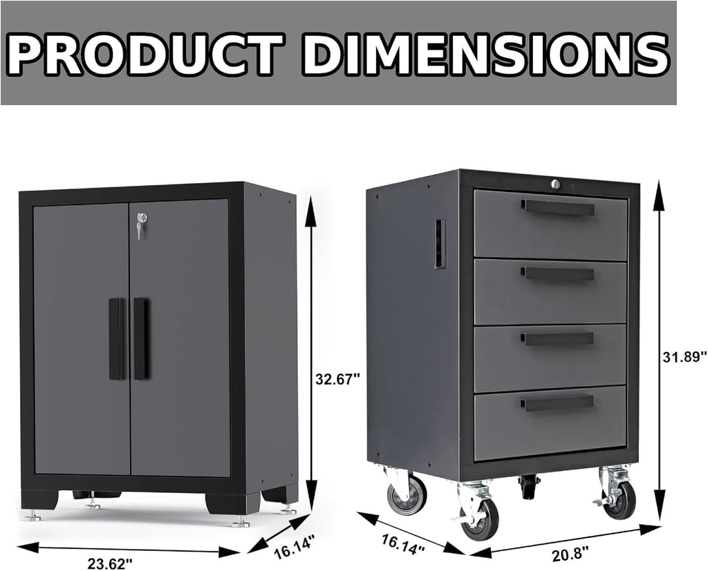 Torin Garage Cabinets Storage System, 9 Piece Included Steel Drawers Rolling Chest,Locked Storage Cabinet, Perfect for Organizing Garage and Tools, 129.92", Black/Grey