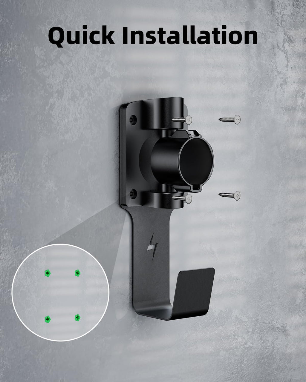 EV Charger Holder, with 180° Rotation Nozzle Dock, Metal J-Hook for SAE J1772 Charger Holder Organizer Wall-Mount Connector Electric Vehicle Charging Cable Car Accessories