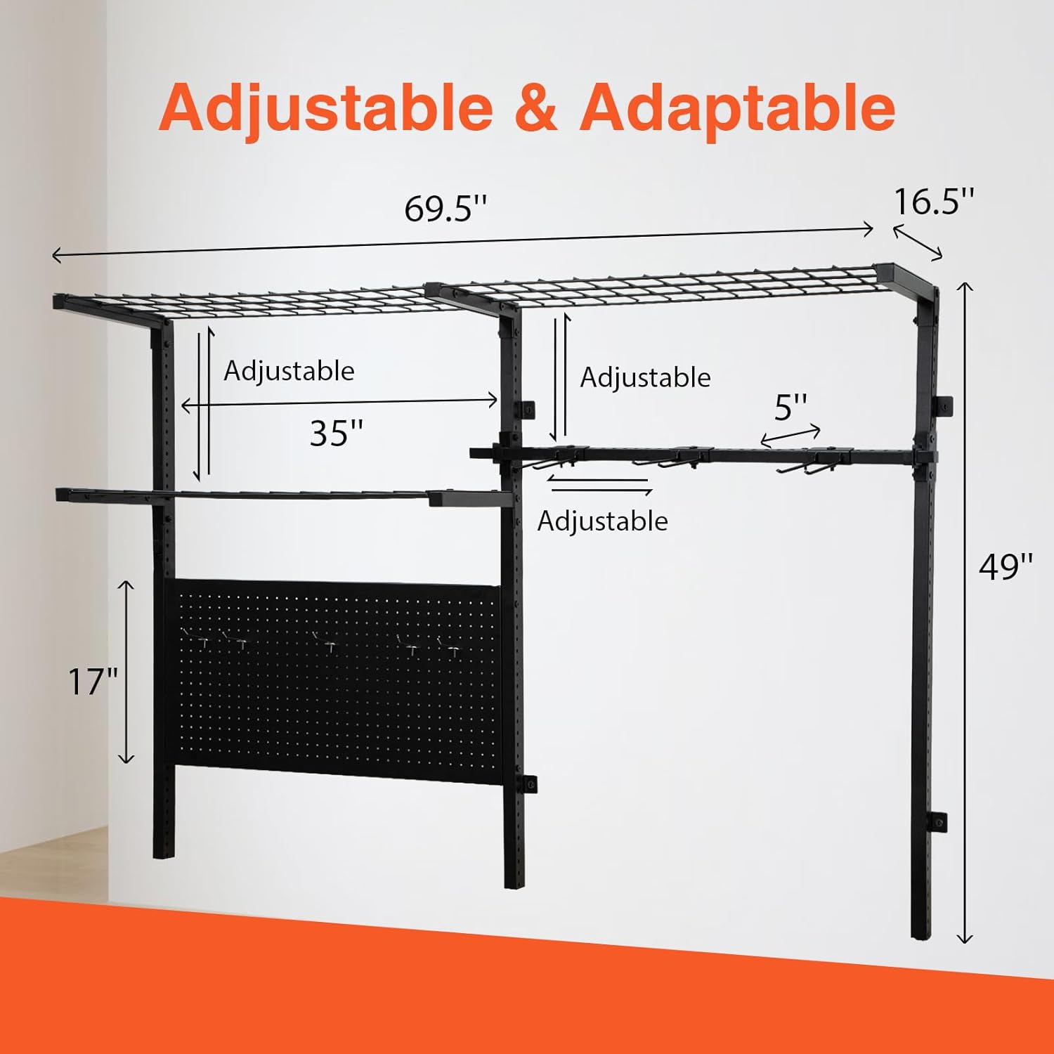 Garage Shelf Wall Mounted with Pegboard Heavy Duty Garage Wall Shelving with Garden Tool Rack and Hooks Garage Tool Organizer for Home Garden Yard Organization and Storage Holds 500lbs