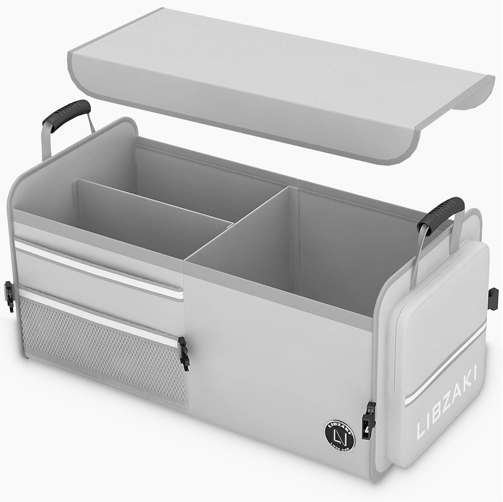 LIBZAKI Car Trunk Storage Organizer, Multi Compartment Collapsible Trunk Storage Box for Car Truck SUV-Gray