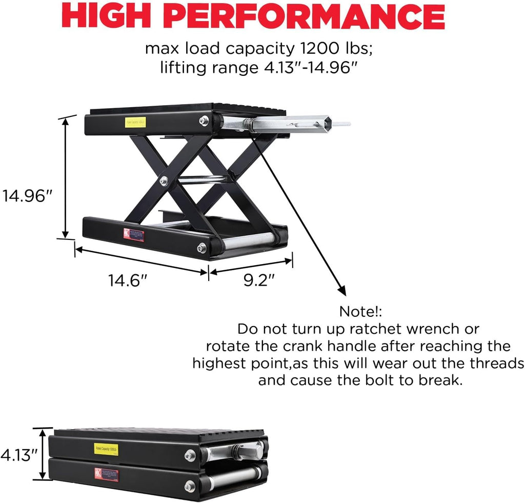 CXRCY 1200 LBS Motorcycle Lift Scissor Jack Black Upgraded Dirt Bike ATV Motorcycle Hoist Stand with Ratchet Wrench,Crank Handle,Thickened Rubber Pad,Wide Deck