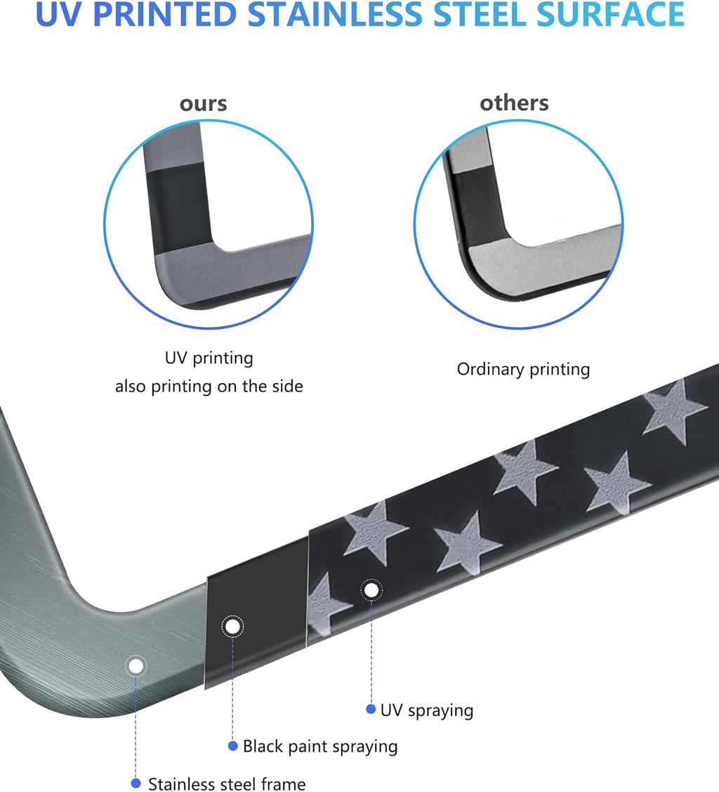 American Flag License Plate Frames - 2 Pack Black Stainless Steel Front Rear Car Tag Frames Printed with Patriotic USA Flag Pattern, with Decals Screws Caps