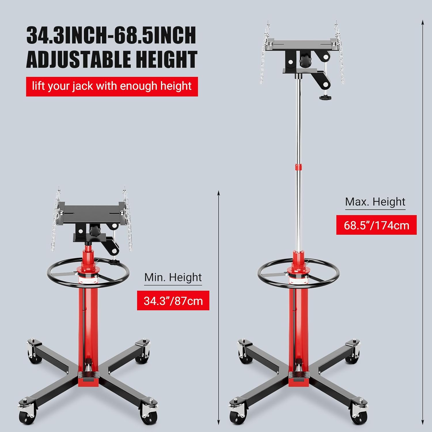 Transmission Jack, 1322lbs Hydraulic Telescoping Transmission Jack, 34.3"-68.5" High Lift, 2-Stage Transmission Jack Stand 3/5 Ton Capacity with Foot Pedal, 360° Swivel Wheel
