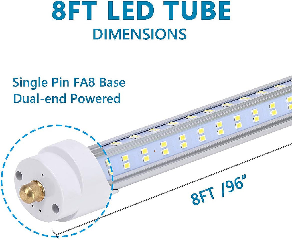 20/Pack LED Light Tubes -144W 6000K 18800 Lumens,Single Pin Fa8 Base,T8 T10 T12 LED Fluorescent Bulbs Replacement, Double Sided Four Row 768pcs,V Shape, Dual-Ended Power, Ballast Bypass