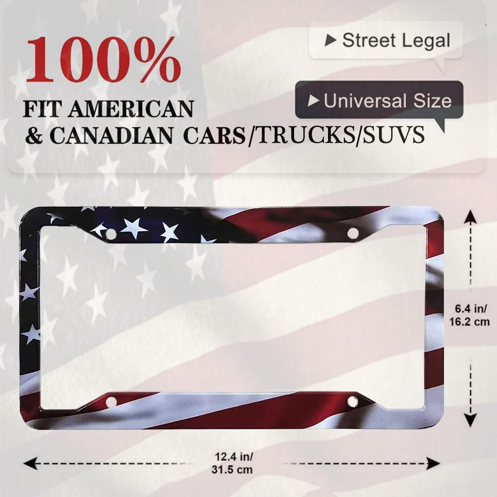 2Pack American Flag License Plate Frame - Rustproof Aluminum Patriotic Car Tag Holder Bracket Fits All Vehicles, US Flag License Plate Frame with Screws Included