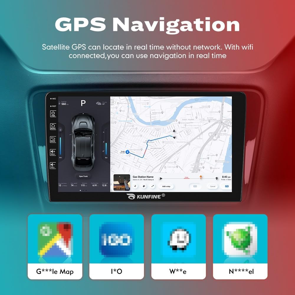 Kunfine Car CarPlay Android Auto Navigation Stereo GPS Radio Reverse Camera Display 9" IPS Touchscreen Headunit Tablet Media Player for Peugeot 301 13-22, if Applicable Octa Core 6G+128G Matte Black