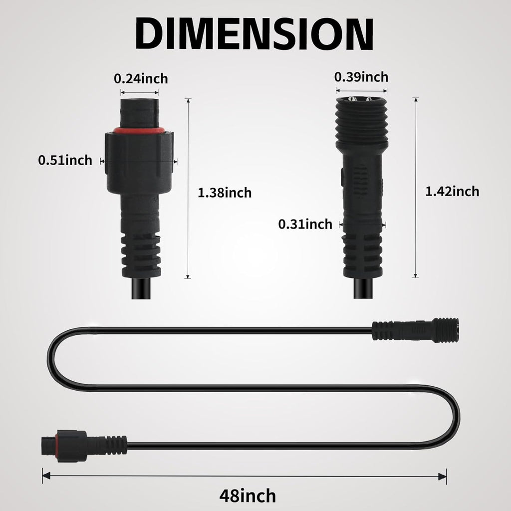 4 PCS 4FT 3 Pin RGB Rock Light Extension Wire, Design for Our Brand's Rock Lights, Other Brands Must Meet The Conditions of which Length of The Male Plug is 0.24 Inches and The Female is 0.39 Inches