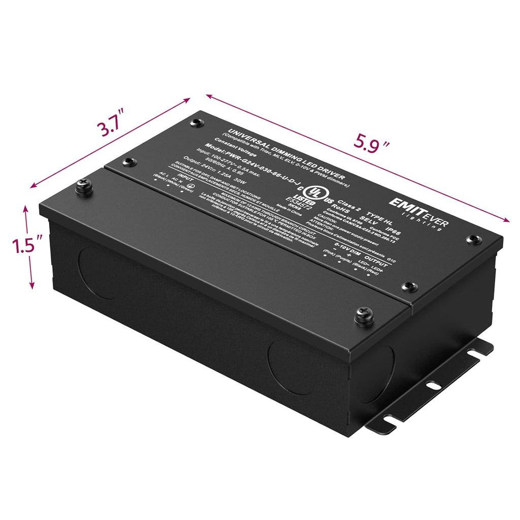 EMITEVER 30W Dimmable LED Driver, 24V Triac Dimmable Power Supply, AC to DC Transformer for LED Light, Compatible with Lutron and Leviton Dimmer, Waterproof IP67 and UL Listed, Class 2