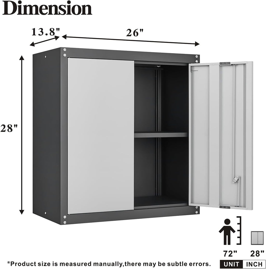 GREATMEET Lockable Storage Cabinet, Metal Garage Storage Cabinets, Metal Wall Cabinet for Garage, Wall Mount Cabinet with Lock and Adjustable Shelf, Floating, Black&Grey