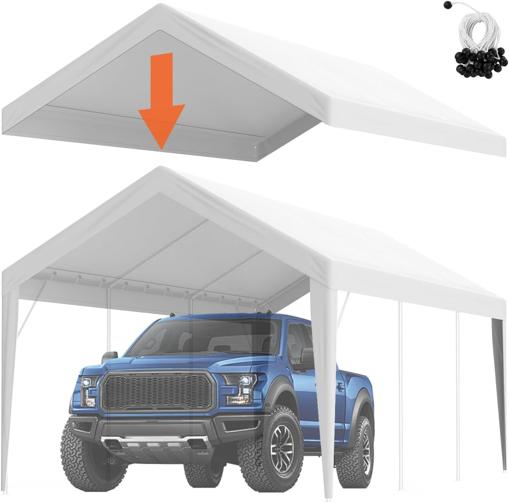 VEVOR Carport Replacement Canopy Cover 10 x 20 ft, Garage Top Tent Shelter Tarp Heavy-Duty Waterproof & UV Protected, Easy Installation with Ball Bungees,White (Only Top Cover, Frame Not Include)