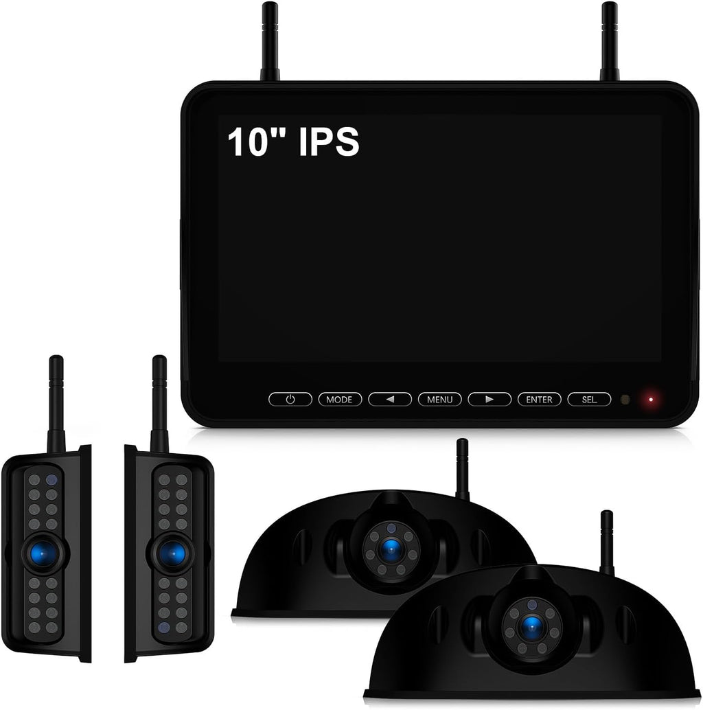 Fookoo HD 10" Wireless 4 RV Backup Camera System for Furrion Pre-Wired RV Truck Trailer, 10" IPS Monitor, 2 Side View 2 Rear View Cameras, Split Screen IR Night Vision Recording Waterproof - D10Y4