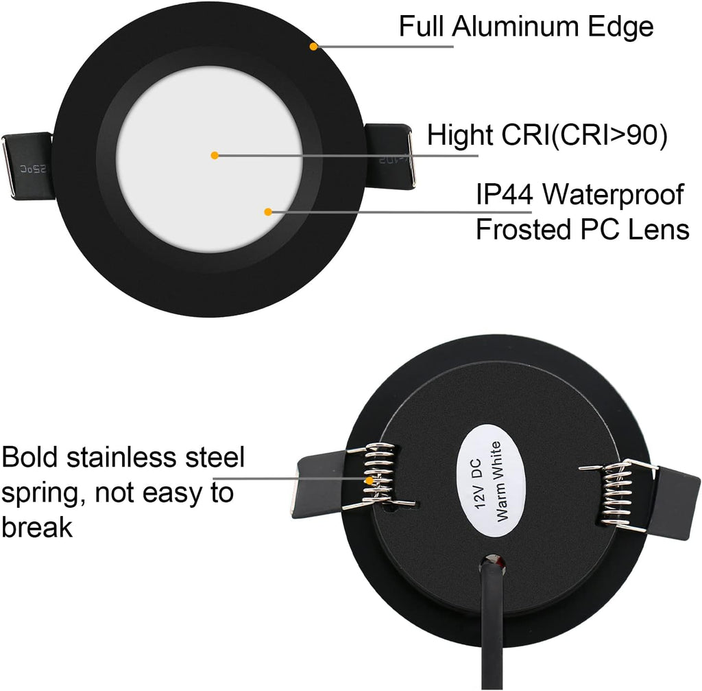 12 Volt LED Puck Light RV Boat Recessed Ceiling Light Super Slim LED Panel Light with Hole Puncher DC 12V 3W Full Aluminum Downlights 6 Pack,2700-3200k
