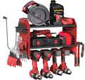 Power Tool Organizer Wall Mount – Adjustable Shelf, Side-Mounted 4-Outlet Charging Station | Heavy Duty Steel Drill Holder with Pegboards, Hooks & Drill Bit Rack for Garage & Workshop Storage(Red)