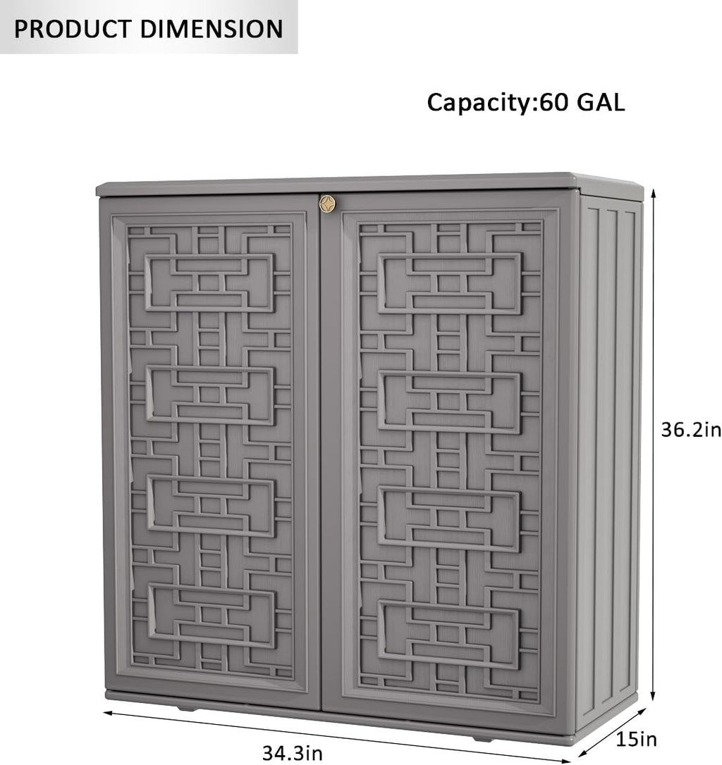 KINYING Outdoor Storage Cabinet Waterproof, Resin 60 Gallon Deck Box for Patio Furniture Cushions, Garden Tools, Pool Tools and Kids’ Toys (Grey with 1 Shelving)