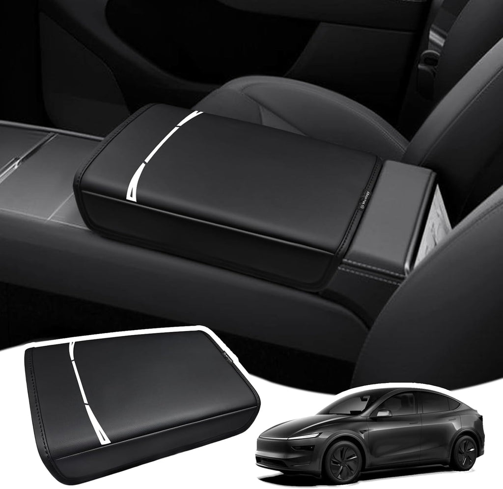 Muslogy Center Console Armrest Cover Compatible with Tesla Model Y Refresh 2026 Comfort Armrest Pad Arm Rest Cushion Vegan Leather Protector Regular Thick (25+ |Juniper| Black, Regular)