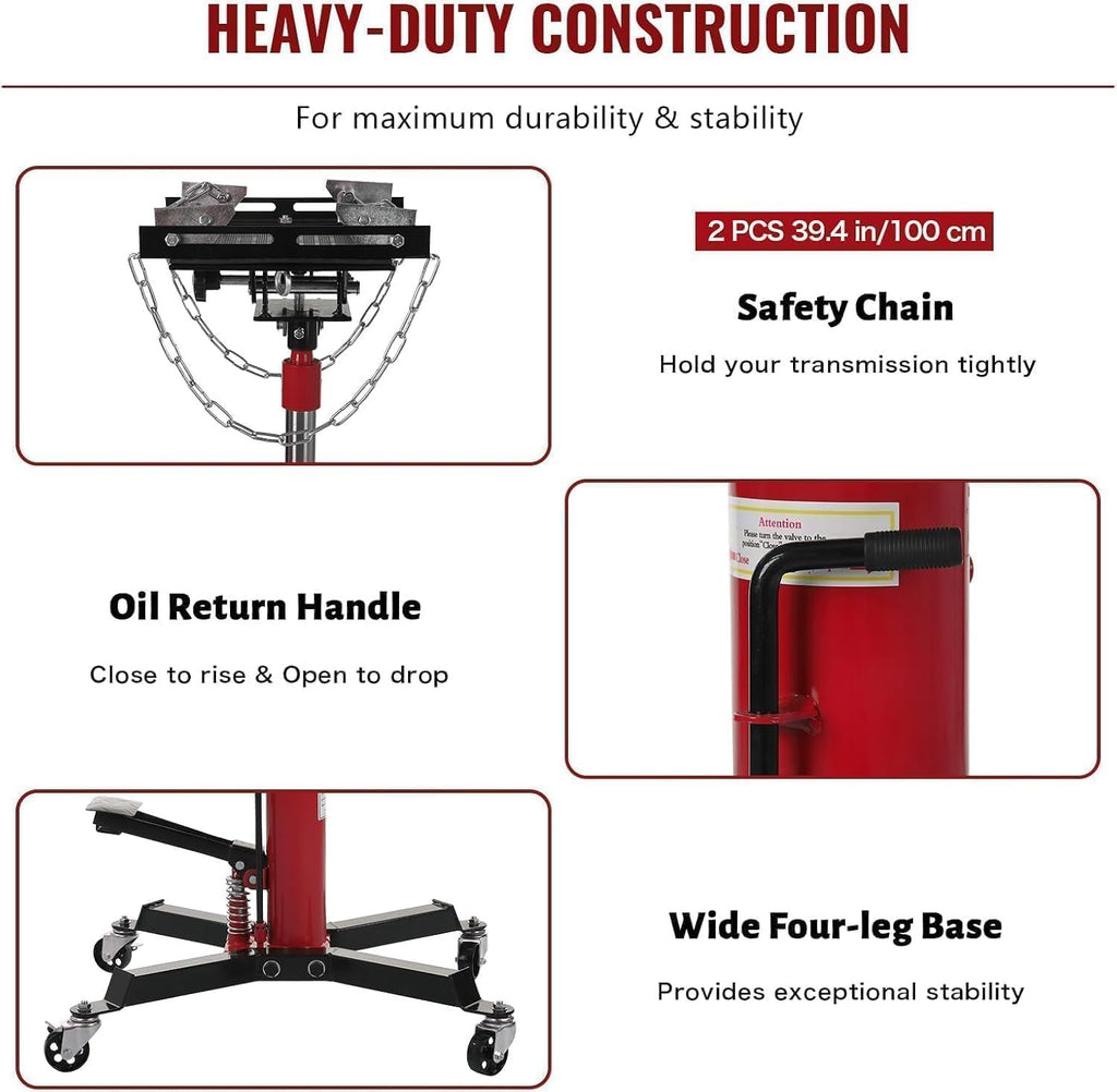 Transmission Jack with 1 Stage Hydraulic Ram, 1322 LBS Hydraulic Telescoping Transmission Jack with Foot Pedal & 360° Swivel Wheels, Heavy-Duty Garage/Workshop Jacks for Car/Truck Repairs, Red