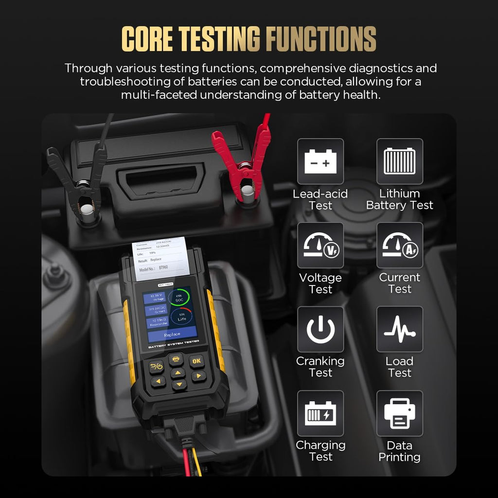 AUTOOL Car Battery Tester 12V 24V Automotive Battery Load Tester 30-2000 CCA, Battery Tester with Printer, Support Lithium Battery, Cranking & Charging & Leakage Test, Data Review Protection