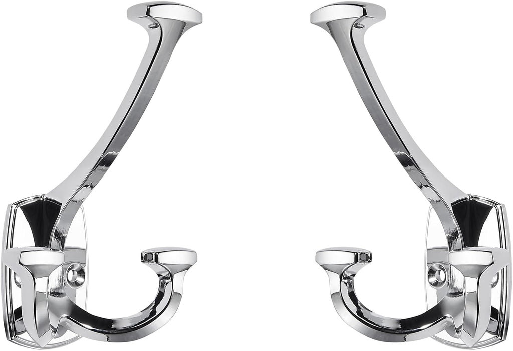 Large Wall Double-Sided Hook 2 Pack Polished Chrome Hook Decorative Heavy Duty Solid Large Coat Hooks for Towel Hanging Coats Robe Towel Bags Door Back 2 Prong Hooks