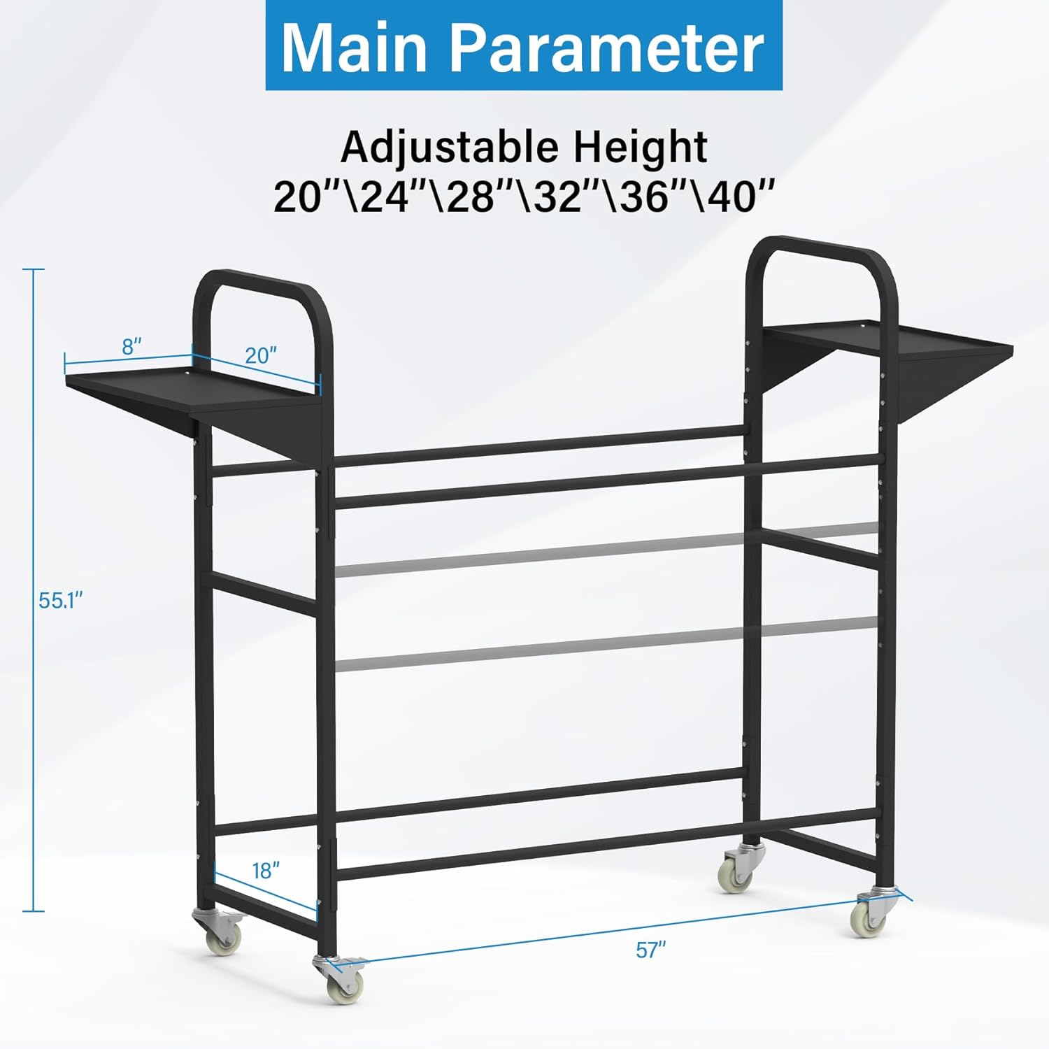 Tire Storage Rack 57" x 55.1" x 20" w/Anti-dust Cover, Adjustable Rolling Tire Rack for Garage Black w/4 Swivel Casters & 2 Storage Shelf for Garage Storage