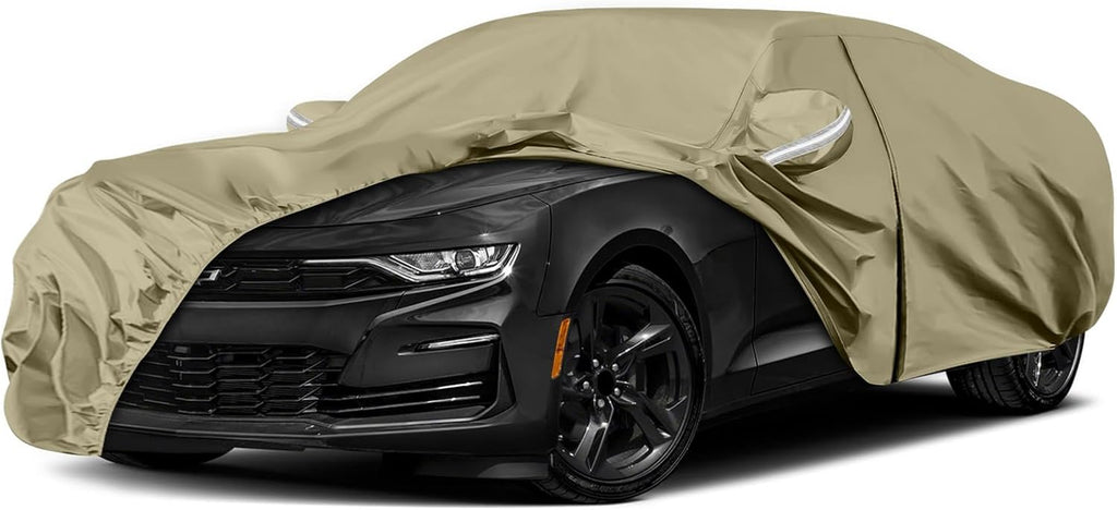 Waterproof Car Covers Replace for 2010-2025 Chevy Camaro, Multilayer Heavy Duty with Cotton Liner All Weather Custom-fit Car Cover with Zipper Door, Windproof Bands for Snow Rain Dust Protection