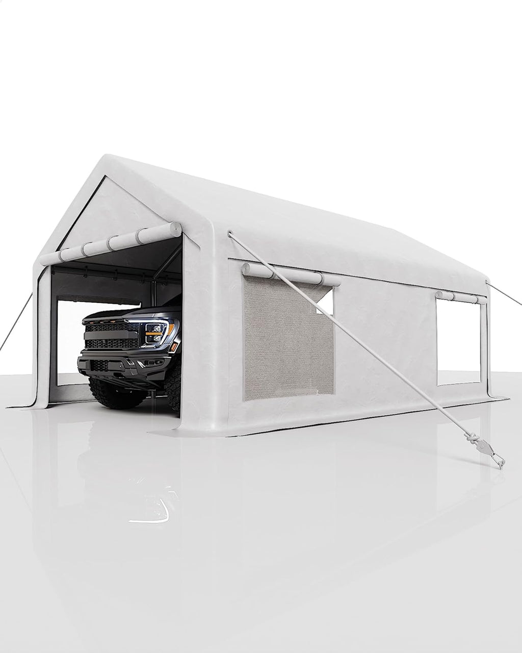 12x20 Ft Carport, Car Port with 200g PE Tarp, Roll-Up Doors, and 4 Windows, for Full-Size Pickups, Bass Boats, Tractors, and SUVs, White