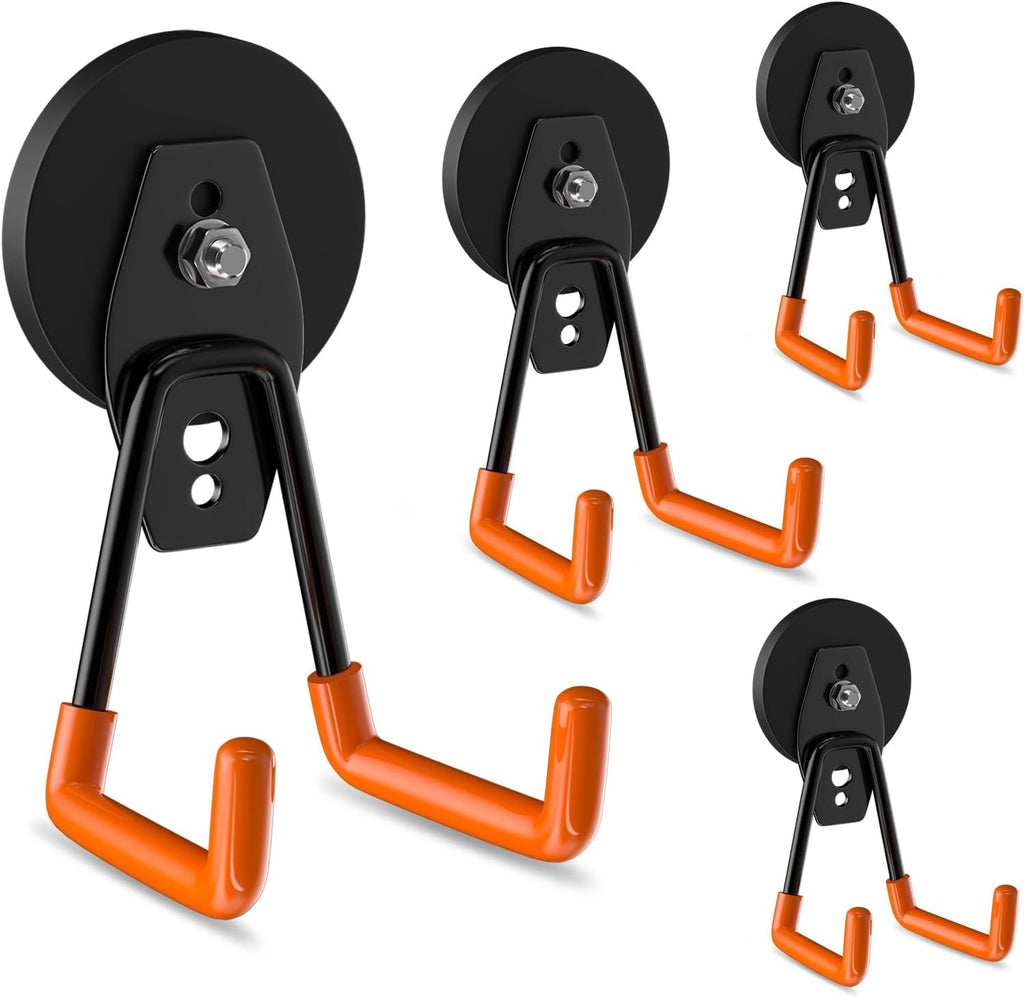 ENUODA Strong Magnetic Hooks Heavy Duty 4 Pack Magnet Garage Hook Heavy Duty Rare Earth Magnets Utility Storage Hooks for Hanging Ladder, Power Tool, Toolbox, Shovel, Broom, Extension Cord