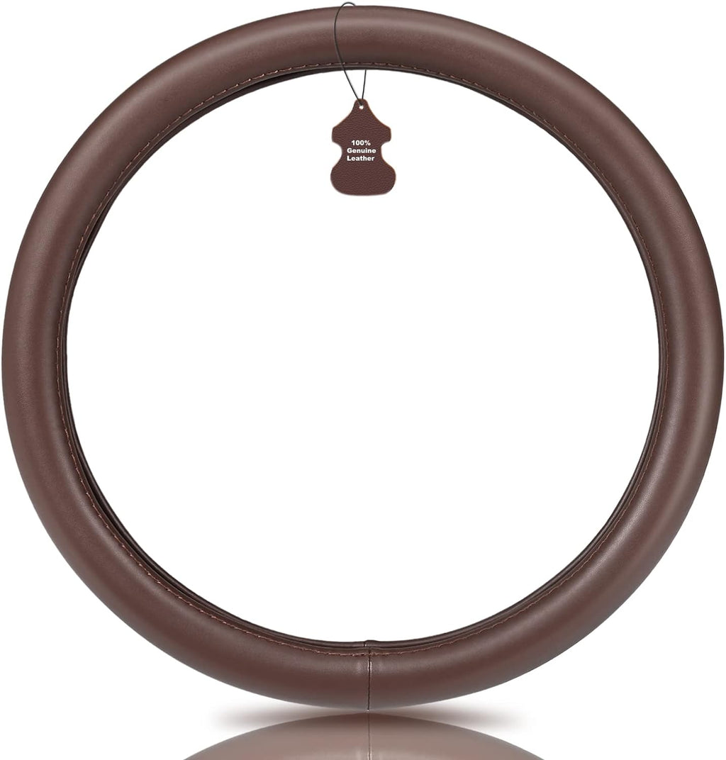 Haokay Heavy Duty Pure Cowhide Steering Wheel Cover, Genuine Leather Steering Cover Brown Leather Steering Wheel Cover with 15 Inches Universal Fit (Brown-1)