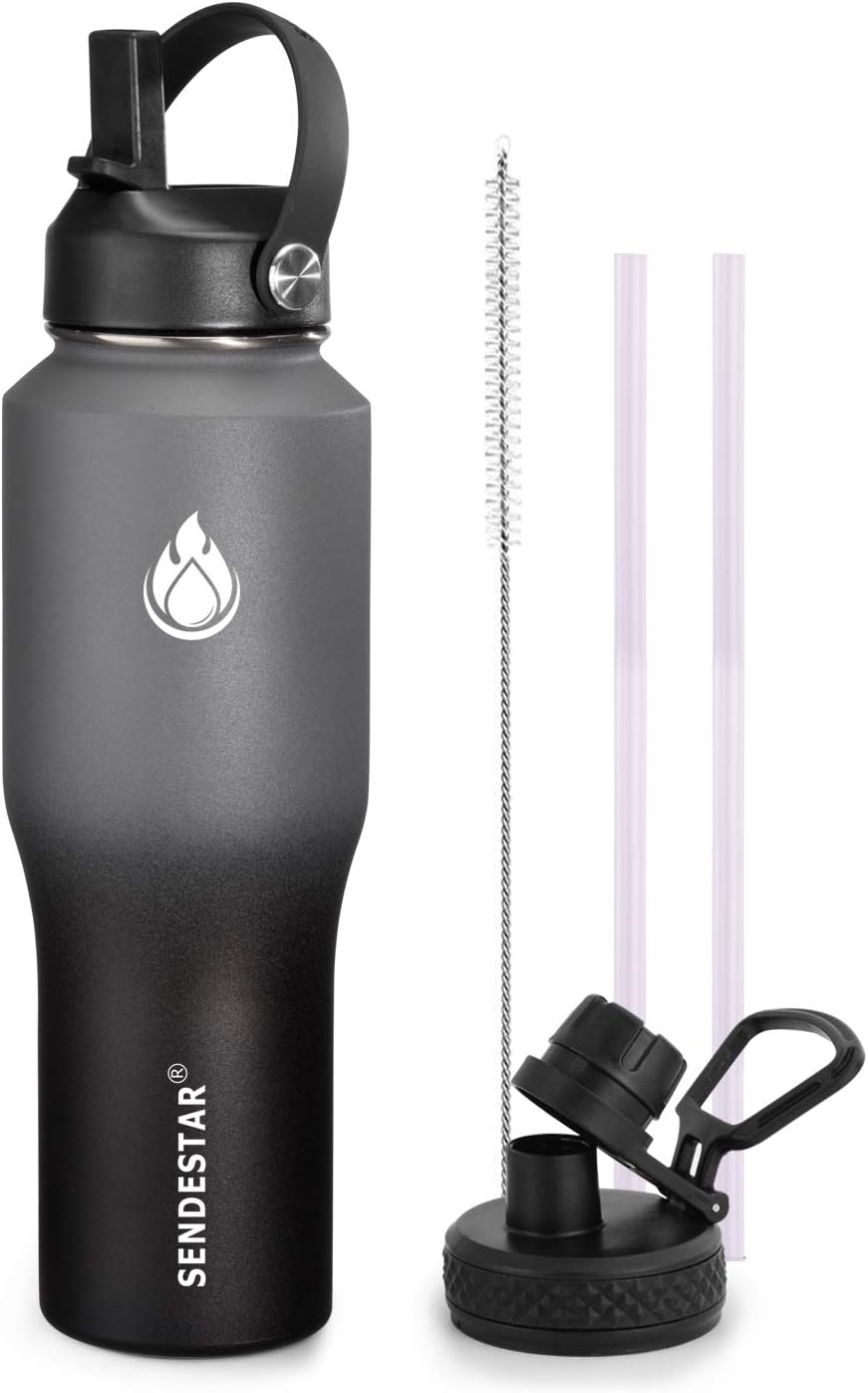 SENDESTAR Water Bottle 32oz,2 Lids(Straw lid),Wide Mouth Stainless Steel Vacuum Insulated Double Wall Keep Liquids Cold or Hot All Day,Sweat Proof Sport Design,Fit Car Cup Holder(Gray&Black)