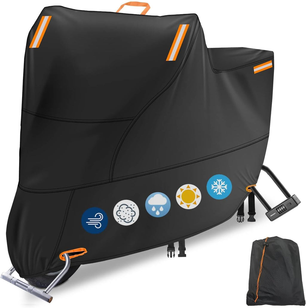 Waterproof Motorbike Cover Outdoor, Motorcycle Scooter Moped Rain Dust Protection Cover with 4 Reflective Strips and 2 Windproof Buckles, 2 Lock-Holes for Most Motorcycles (3XL: 104 x 35 x 49 inch)
