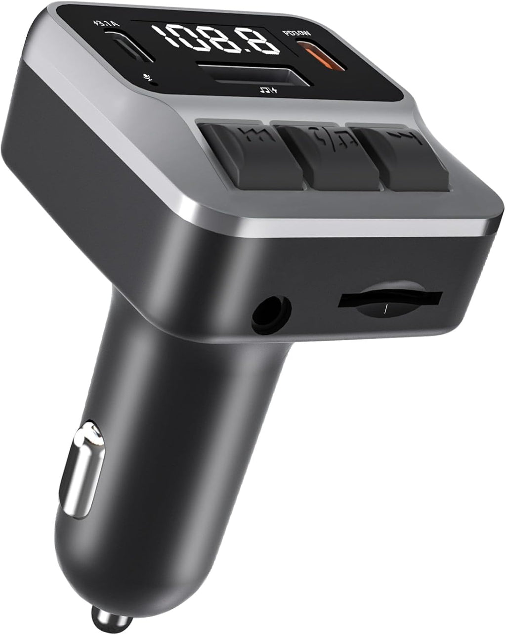 Bluetooth 5.3 FM Transmitter for Car, Bluetooth Car Adapter with Dual Type-C PD(30W) Charger Port and QC3.0 USB Port, Handsfree Calling and Audio Receiver, Support AUX, U Disk, TF Card