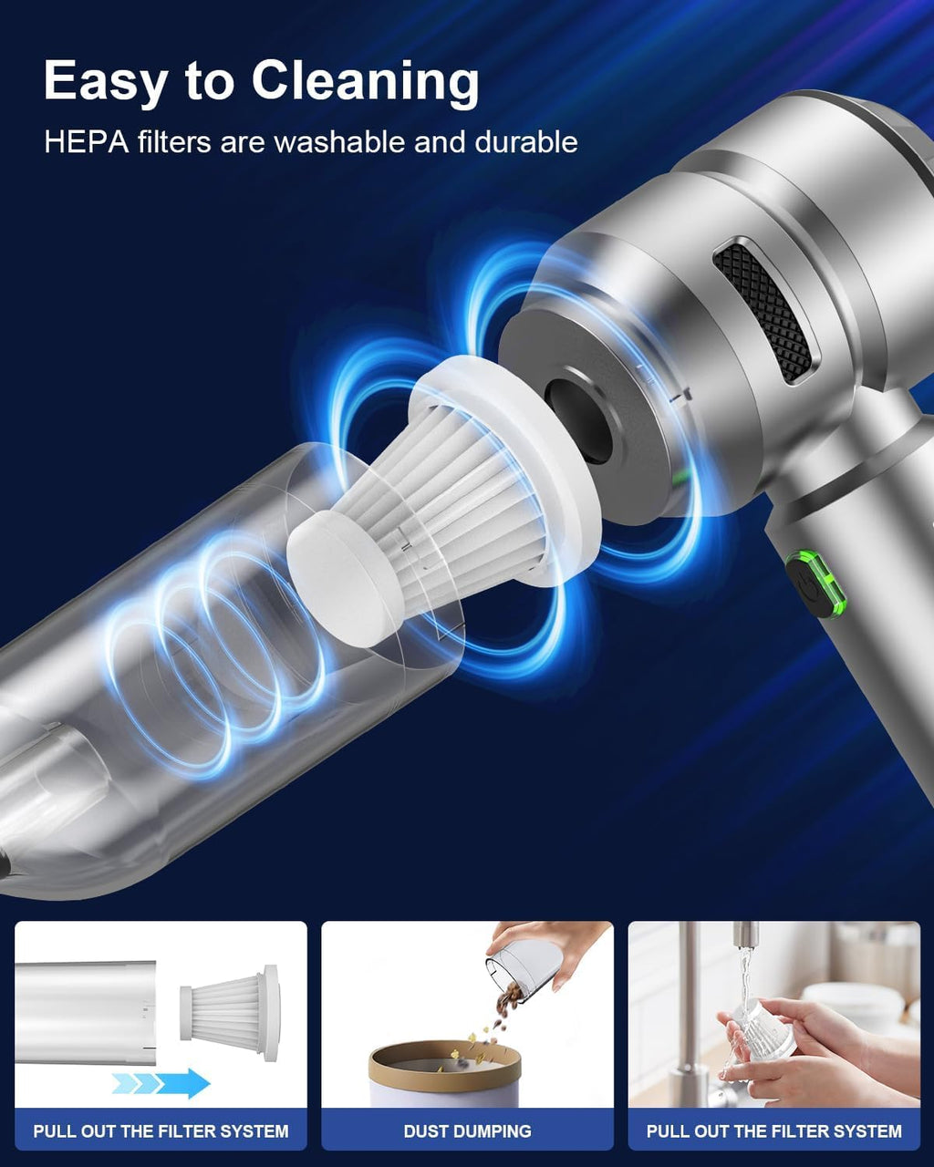 Car Vacuum,3 Suction Modes,Portable Mini Cordless Cleaner with 21000pa Suction Power,Type-C Charge,Handheld Vacuum for Home,Car, Office Desk, Keyboards(Diamond Silver)