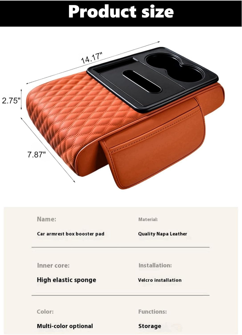 Center Console Cover Organizer, 5-in-1 Arm Rest Cover for Car with Cup Holder & Storage Pocket & Tissue Holder, Armrest Cover Cushion Pad, Water Ripples, Emma Orange