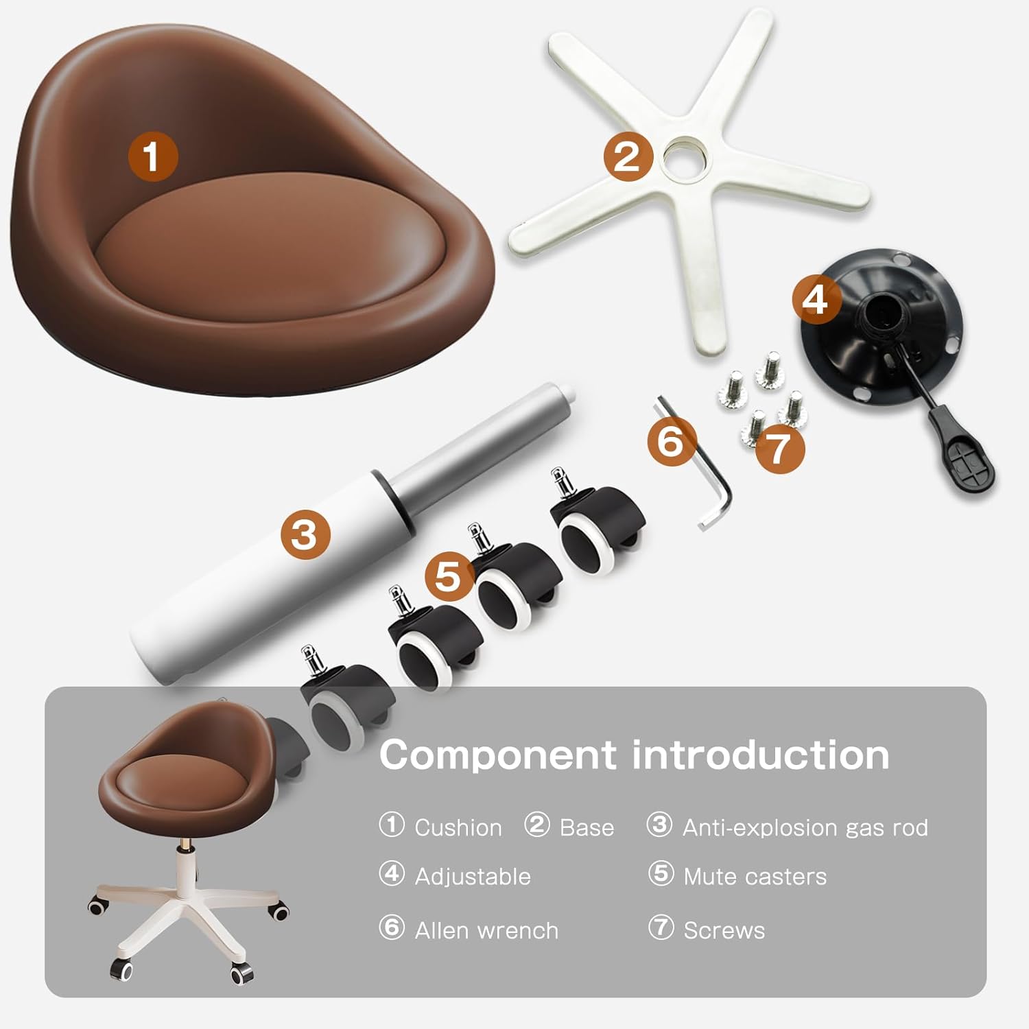 Rolling Stool Set of 2 Rolling Hydraulic Salon Stool with Low Backrest - Adjustable Swivel Chair for SPA, Shop, Salon, Massage, or Medical Office Brown
