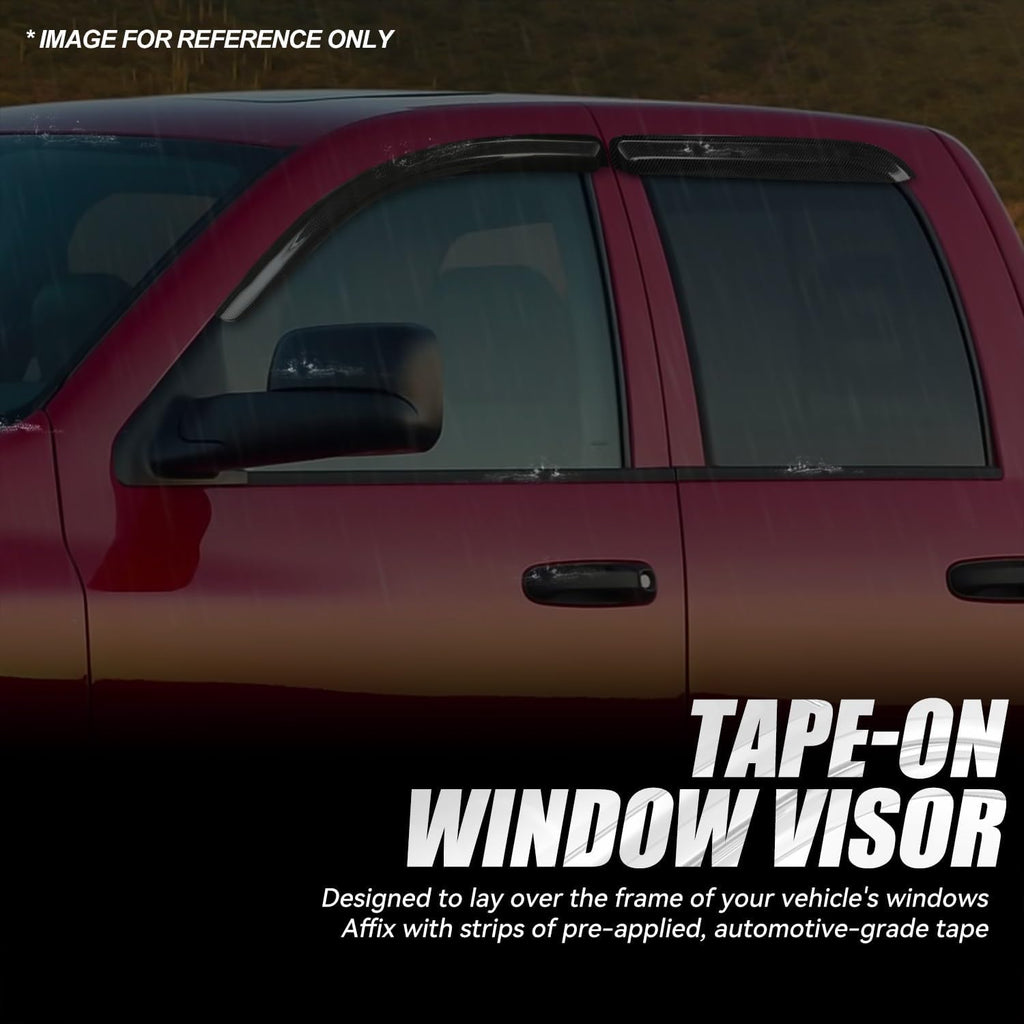 Auto Dynasty 4Pcs Carbon Fiber Pattern Window Visors Compatible with 2002-2009 Dodge Ram 1500 2500 3500 Crew Cab, Tape-On Front & Rear Window Deflectors Rain Guards Sun Side Vent Shade, Glossy Black