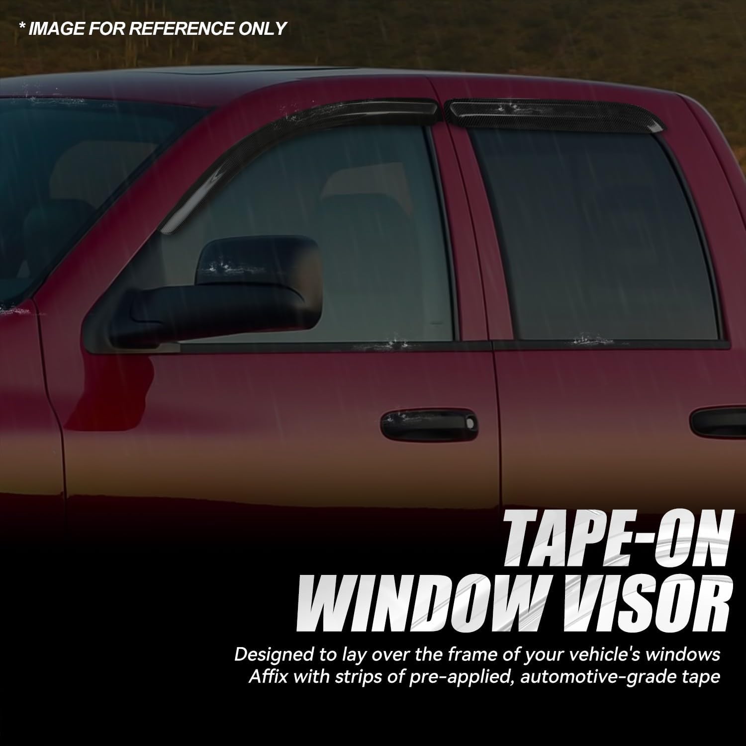 Auto Dynasty 4Pcs Carbon Fiber Pattern Window Visors Compatible with 2002-2009 Dodge Ram 1500 2500 3500 Crew Cab, Tape-On Front & Rear Window Deflectors Rain Guards Sun Side Vent Shade, Glossy Black