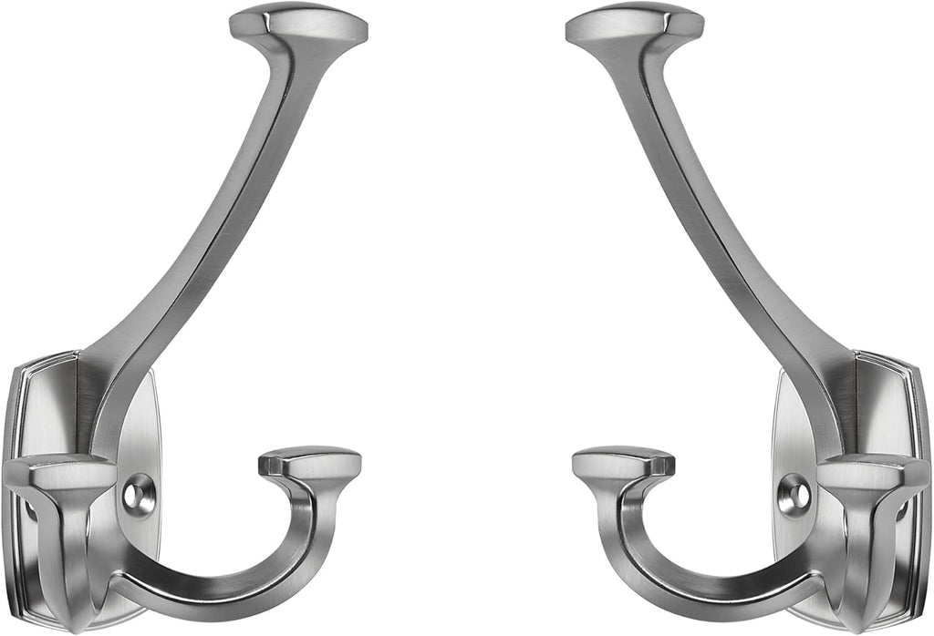 Large Wall Double-Sided Hook 2 Pack Brushed Satin Nickel Hook Decorative Heavy Duty Solid Large Coat Hooks for Towel Hanging Coats Robe Towel Bags Door Back 2 Prong Hooks