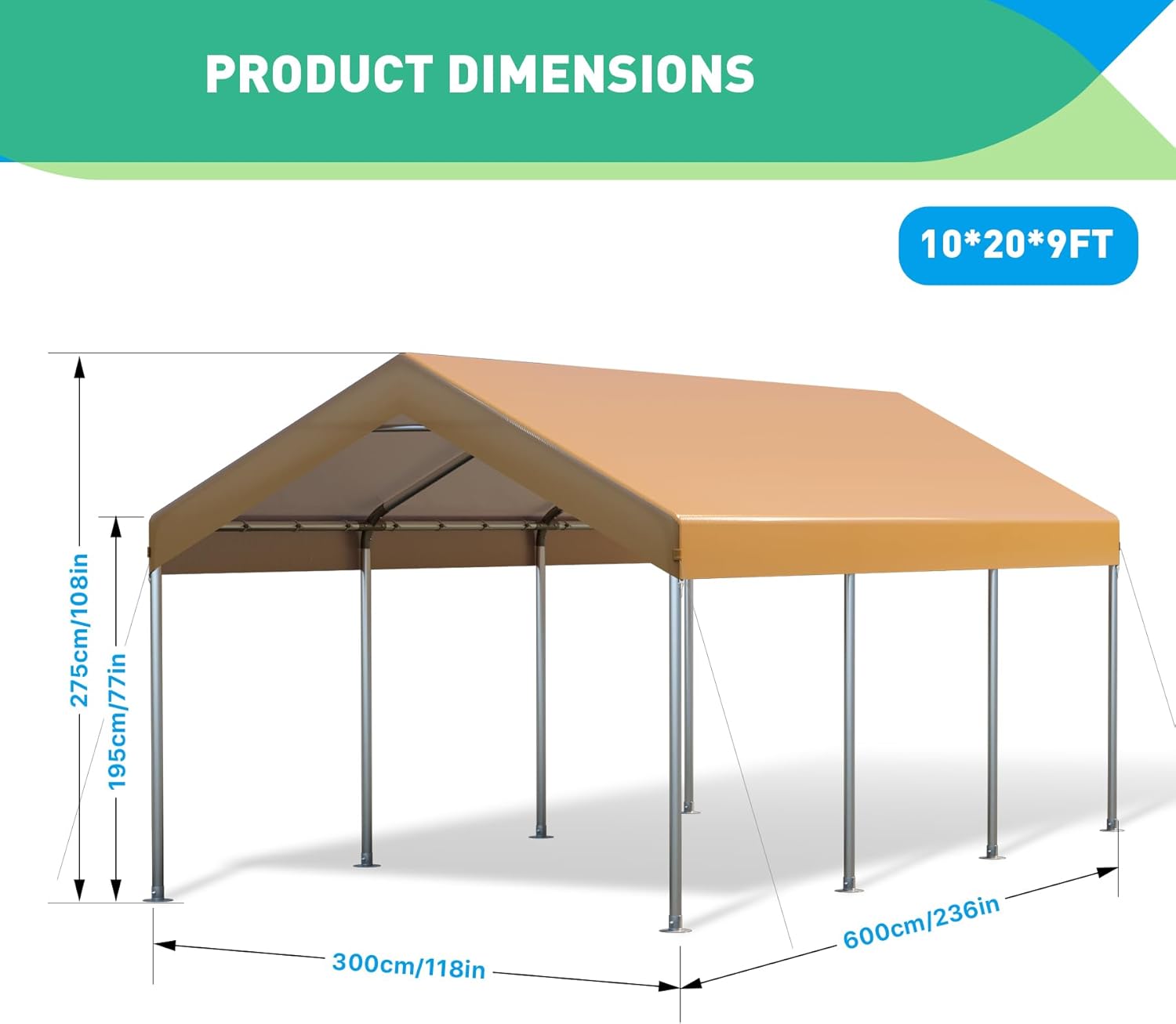 10X20 Ft Heavy Duty Carport Canopy, Portable Garage, Car Tents, Easy to Assemble, Reinforced Structure, with Hanging Edge, Applicable to Car, Bike, Boat, Party (Yellow)