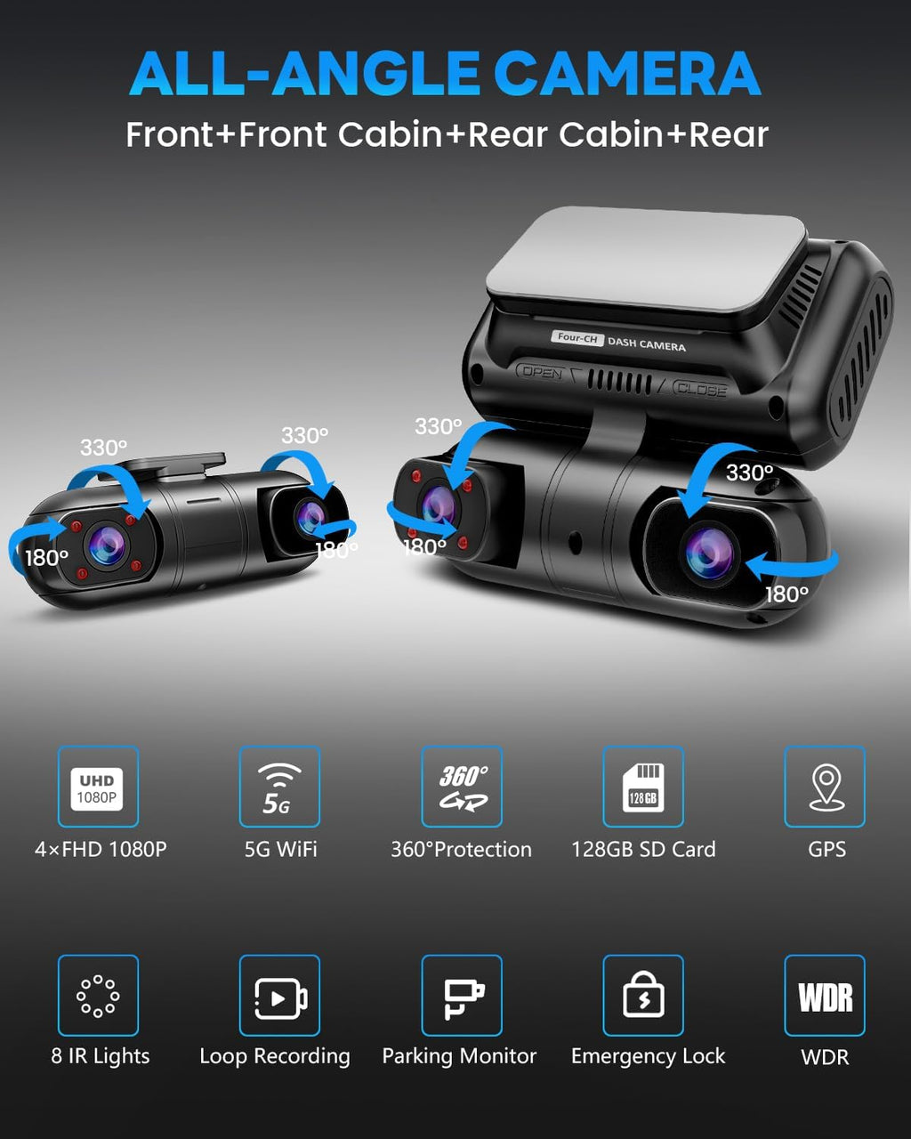 SPRLEAF 4 Channel Dash Cam with Front Cabin Rear Cabin Cameras, 360 Degree View Dash Camera for Cars, Built-in GPS, 5GHz WiFi, IR Night Vision, 24H Parking Monitor, G-Sensor, Free 128GB Card, 1080P*4
