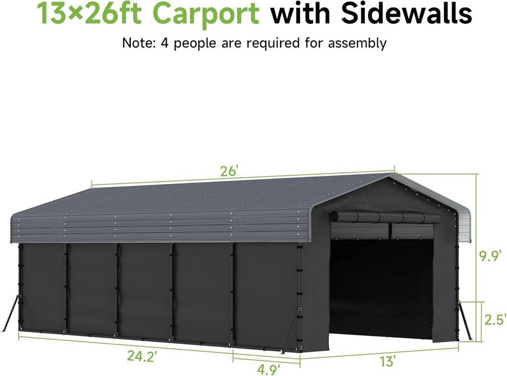 Real Relax 13' x 26' Heavy Duty Metal Carport, Outdoor Garage Car Shelter Shade with Removable Sidewalls, Extra Long Heavier Metal Frame for SUV Trucks and Boats, Gray