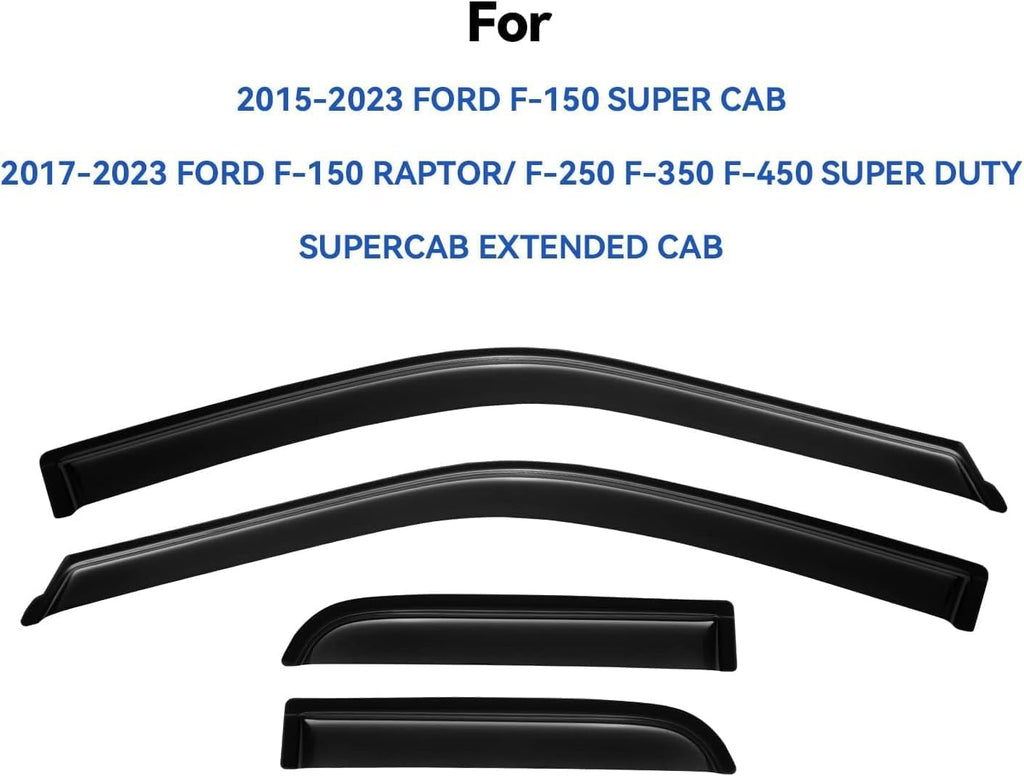 Window Visors Rain Guards for 2015-2024 Ford F150 SuperCab, Out-Channel Window Vent Wind Deflectors Visors Shades for 2017-2024 Ford F150 Raptor/ F250 /F350/ F450 Super Duty Extended Cab