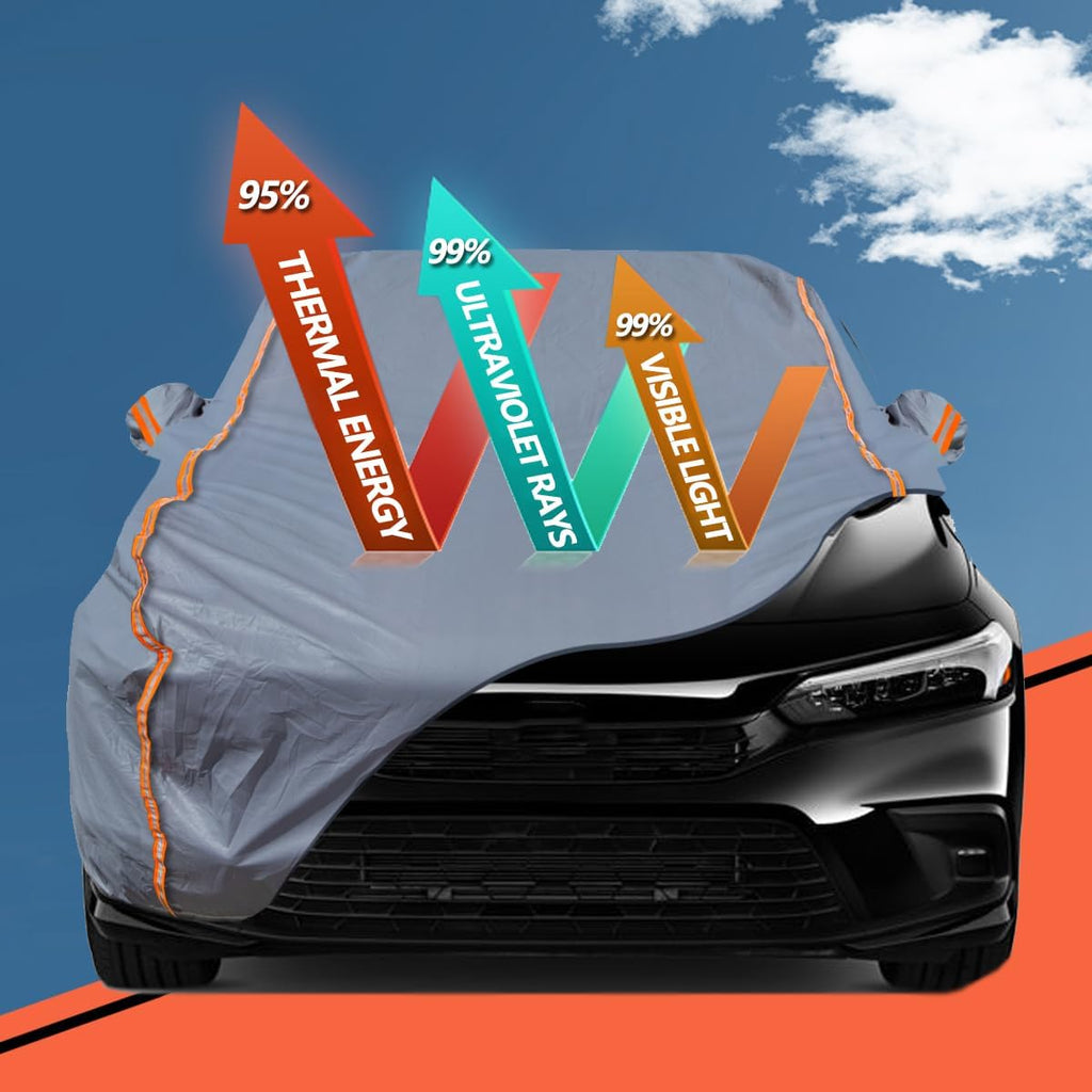 TUCAREST 6-Layers PEVA Premium Full Car Cover Fit for Sedan hatchback Pickup SUVs MPV Rain and snow protection, sun protection, UV protection, and protection of car paint surfaces-Silver Grey -Up 182"