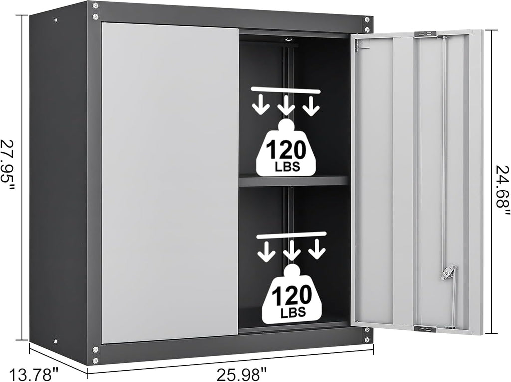LUCYPAL Garage Wall Cabinet,Metal Wall Storage Cabinet with Adjustable Shelf and Locking Doors,Floating Utility Cabinets for Warehouse/Basement/Kitchen (Black&Grey,27.95" H)