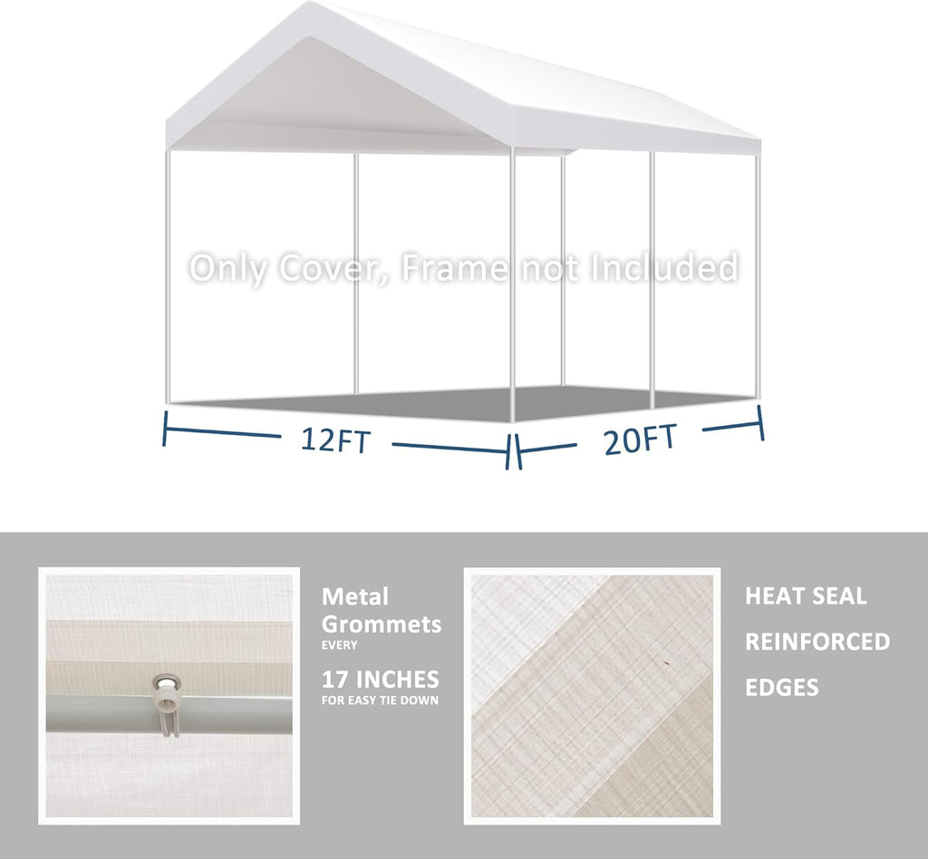 12'x20' Carport Replacement Canopy Cover for Car Garage Shelter Tent Party Tent Top Tarp with Ball Bungees (Only Top Cover, Frame is not Included)